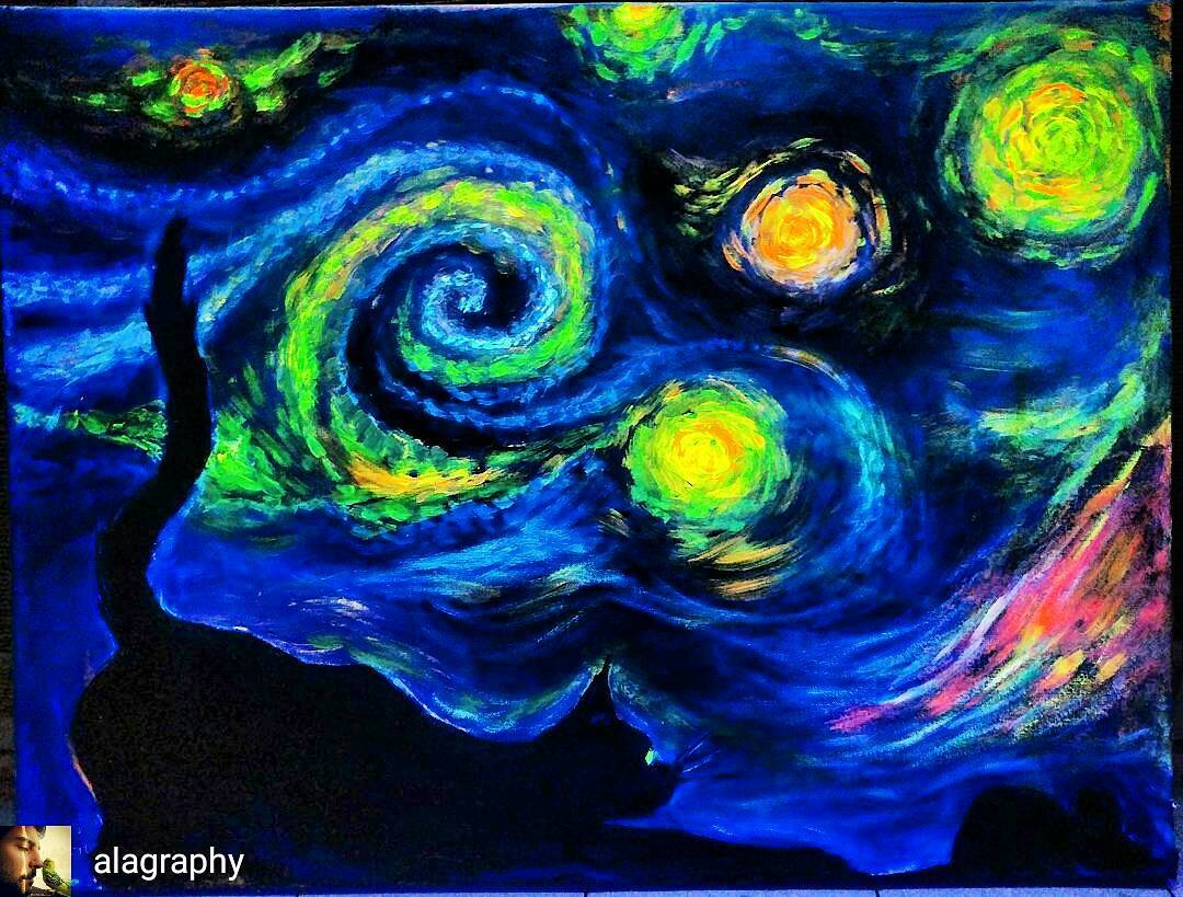 Le  chat de  VanGogh witnesses the  uv light as I ... more fluorescent paintings at http://fluo-art.alahay.org